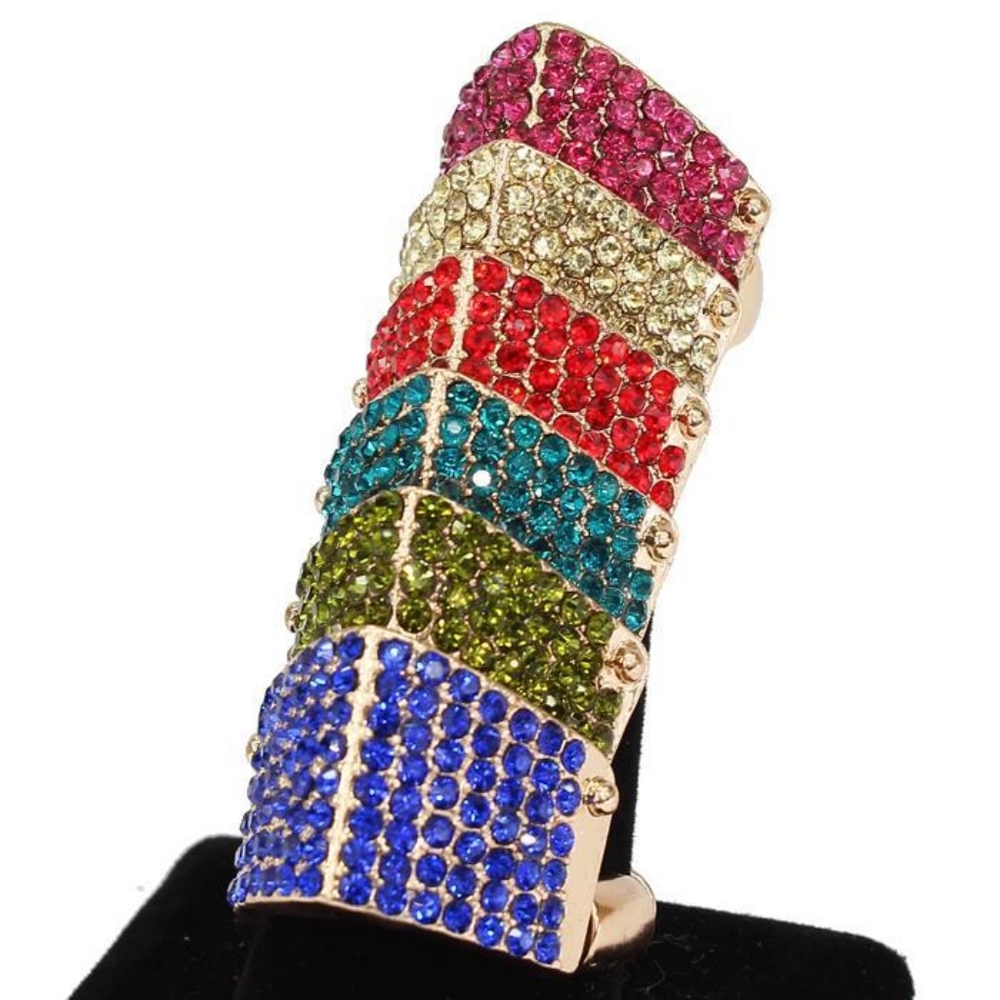 Gold Colorful Rhinestone Shield Armor Ring Jewelry Statement Fashion Accessories